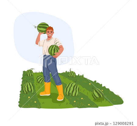 Farmer and gardener cheerful character stands in a watermelon field holding two ripe melons, wearing yellow boots and a white shirt, symbolizing summer harvest, agriculture, and organic farming Farmer and gardener cheerful character stands in a watermelon field holding two ripe melons, wearing yellow boots and a white shirt, symbolizing summer harvest, agriculture, and organic farming 129008291