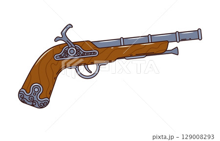 Cartoon groovy musket gun, retro pirate and corsair vintage pistol. Isolated vector old powder revolver, antique weapon for musketeer, cowboy or filibuster. Handgun in hippie nostalgic y2k funky style Cartoon groovy musket gun, retro pirate and corsair vintage pistol. Isolated vector old powder revolver, antique weapon for musketeer, cowboy or filibuster. Handgun in hippie nostalgic y2k funky style 129008293