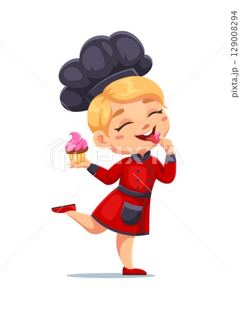Cartoon girl chef in red uniform and black chef hat happily tasting pink cupcake frosting. Vector kid cook chef, cooking child in toque exuding joy and satisfaction from bakery, dessert or confection 129008294