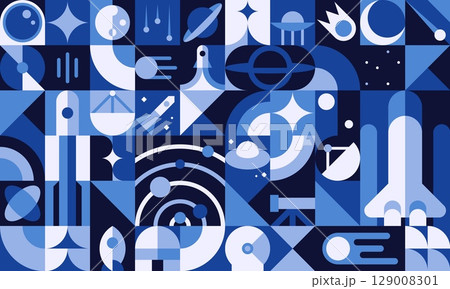 Galaxy space geometric pattern background with rockets and planets, vector mosaic tile. Space pattern of abstract galaxy geometric shapes of stars, spaceship shuttle or alien UFO in mosaic background 129008301