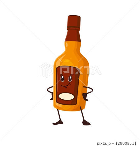 Cartoon cognac alcohol drink bottle character. Pub or bar alcohol drink isolated vector cute mascot, cocktail beverage cheerful groovy personage. Cognac, rum or scotch bottle happy smiling character 129008311