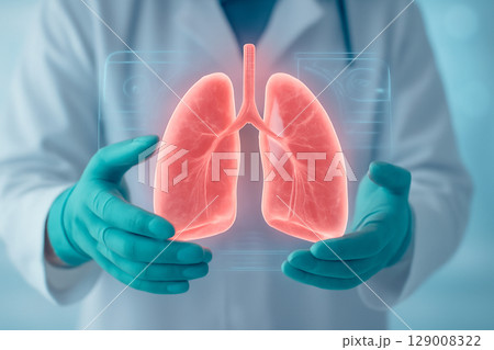 AI generated medical sci-fi image showing a doctor holding glowing human lungs surrounded by digital holographic UI. This futuristic scene emphasizes precision care medical analysis lung protection 129008322