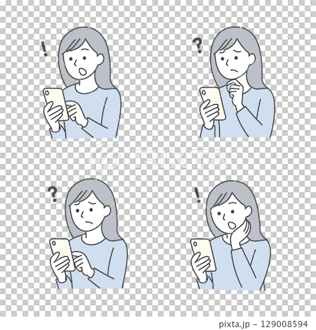 Set of facial expressions of a woman who is surprised or troubled when looking at her smartphone 129008594