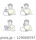 男性の在宅ワークとコミュニケーションのイラストセット 129008597