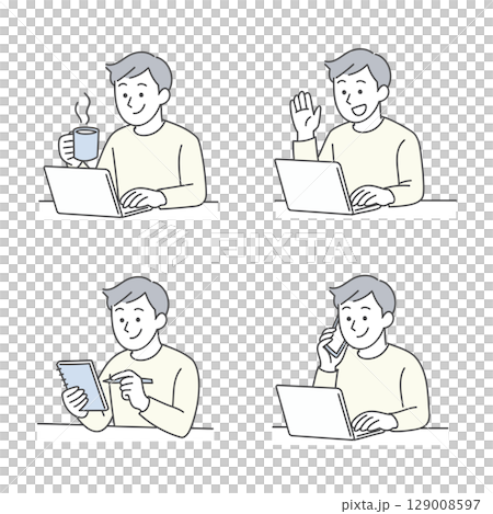 男性の在宅ワークとコミュニケーションのイラストセット 129008597