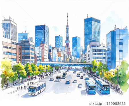 東京　生成AI　水彩　背景 129008683