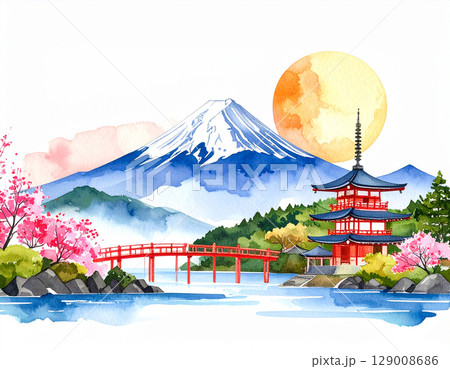 富士山　生成AI　水彩　背景 129008686