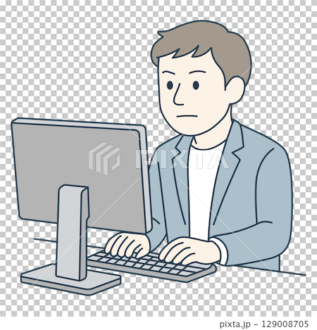 一位年輕人一邊點頭一邊在電腦上工作（藍色西裝，顏色） 129008705