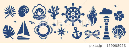 Hand-drawn monochrome logo set featuring classic nautical elements like anchors, ropes, shells, anchors, wheels. Perfect for sailor-inspired projects, maritime branding, or as coastal home decor Hand-drawn monochrome logo set featuring classic nautical elements like anchors, ropes, shells, anchors, wheels. Perfect for sailor-inspired projects, maritime branding, or as coastal home decor 129008928