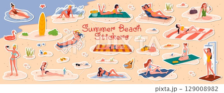 Stickers of people characters on summer beach travel vacation. Young woman cartoon vector personages swimming and sunbathing, doing yoga exercise, drinking tropical cocktail and resting on beach 129008982