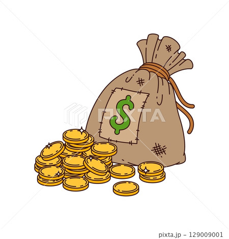 Groovy western money bag. Cartoon vector wild west sturdy canvas sack, used to carry coins or banknotes, marked with a dollar sign. Isolated retro vintage nostalgic asset with American currency cash 129009001