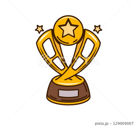 Cinema movie festival cartoon award statuette. Cinematography or music art and cinema festival winner ceremony prize funky retro isolated vector symbol. Best movie or actor golden award groovy icon 129009007