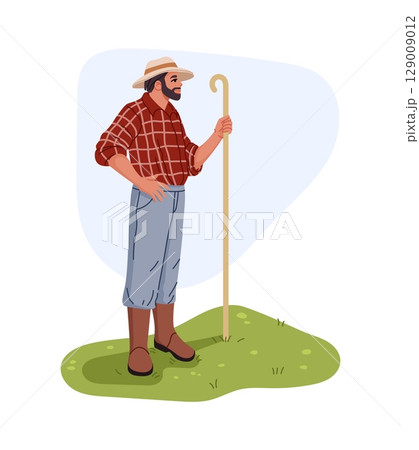 Farmer or gardener character on farm field or pasture meadow, vector personage. Farmer or gardener man with shepherd crook at cattle farm, agrarian worker at agriculture farm field or ranch farmland 129009012