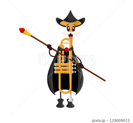 Cartoon trumpet Halloween mage and wizard character, fantasy musical wind instrument wears black witch hat and cape holing magical staff in hands. Isolated vector horn woodwind music pipe personage 129009013
