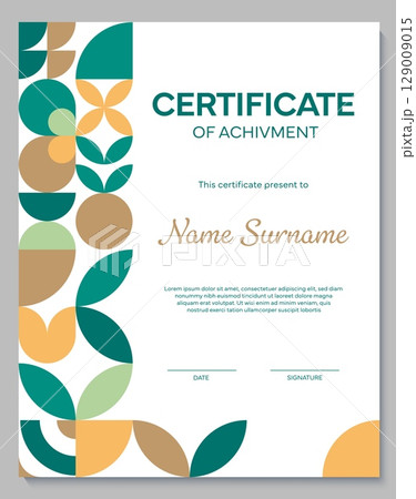 Diploma certificate of appreciation with geometric pattern. Modern achievement document template with abstract shapes in green, mustard and beige, featuring space for recipient name, date, signature 129009015