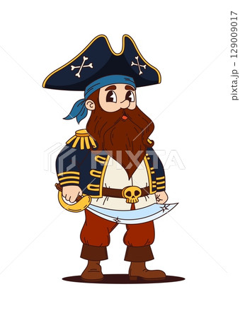 Cartoon groovy pirate and corsair character holding a saber. Isolated vector funny swashbuckling sailor or captain retro personage in tricorn hat. Sea rover ready for adventures and treasure hunts 129009017