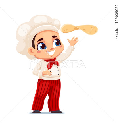 Playful cartoon boy chef tossing pizza dough in the air, dressed in classic white and red chef attire. Kid pizzaiolo in toque and neck scarf cooking or baking in Italian pizzeria or restaurant kitchen Playful cartoon boy chef tossing pizza dough in the air, dressed in classic white and red chef attire. Kid pizzaiolo in toque and neck scarf cooking or baking in Italian pizzeria or restaurant kitchen 129009020