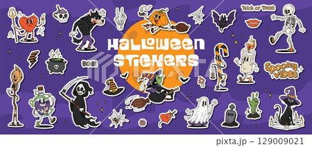 Cartoon groovy Halloween characters stickers pack. Funny psychedelic Halloween holiday pumpkin, witch, ghost and bats vector personages. Retro groovy skeleton, zombie hand, potion, black cat stickers Cartoon groovy Halloween characters stickers pack. Funny psychedelic Halloween holiday pumpkin, witch, ghost and bats vector personages. Retro groovy skeleton, zombie hand, potion, black cat stickers 129009021