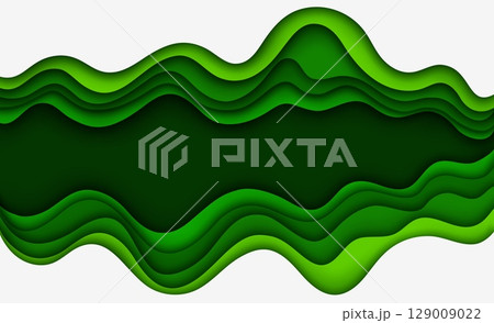 Green paper cut waves. Ecology, nature green environment paper cut vector concept, cutout wallpaper. Green papercut origami waves and gradient curly layers with shadows backdrop or 3d background Green paper cut waves. Ecology, nature green environment paper cut vector concept, cutout wallpaper. Green papercut origami waves and gradient curly layers with shadows backdrop or 3d background 129009022