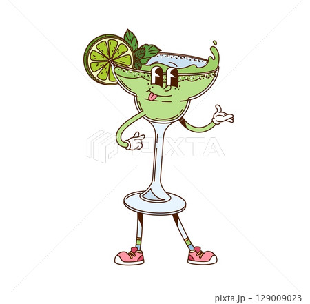 Hippie margarita cocktail drink groovy character. Party alcohol beverage cute groovy vector character, tropical cocktail cheerful character. Margarita drink mascot with lemon slice and mint leaves Hippie margarita cocktail drink groovy character. Party alcohol beverage cute groovy vector character, tropical cocktail cheerful character. Margarita drink mascot with lemon slice and mint leaves 129009023