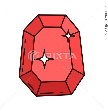 Cartoon groovy red gemstone with clean glossy facets and sparkles. Vector precious pirate treasure crystal, retro funky comic jewel. Mineral ruby, crystalline stone tourmaline, spinel or fire opal Cartoon groovy red gemstone with clean glossy facets and sparkles. Vector precious pirate treasure crystal, retro funky comic jewel. Mineral ruby, crystalline stone tourmaline, spinel or fire opal 129009046