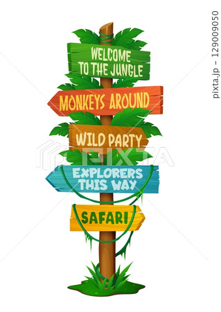 Jungle rain forest wooden signboard, tropical amusement park directional sign yard. Cartoon vector signpost with playful arrows reading phrases welcome to jungle, monkey around, safari, wild party 129009050
