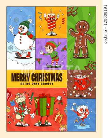 Christmas collage groovy cartoon characters poster. Festive merry Xmas greetings with retro cheerful snowman, candle, gingerbread man, elf, present, cocoa mug and skating lollipop celebrating holidays 129009191