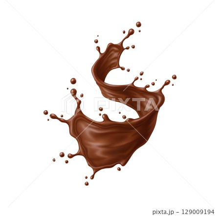 Chocolate drink flow splash wave. Realistic 3d vector twisting stream of chocolate forms an S curve mid air, surrounded by scattered droplets. Dessert food with silky, rich texture evokes indulgence 129009194