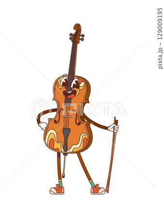 Cartoon groovy contrabass, double bass musical instrument character with smiling face and bow in hand stands confidently. Isolated vector classic music equipment personage ready for orchestra concert 129009195