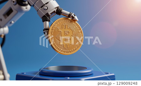 Cryptocurrency coin held by robotic arm with blue background and sunlight flare creating futuristic and innovative atmosphere 129009248