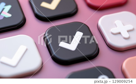 Closeup of black and white check mark and cross symbol buttons pink surface, representing choice and decision making concept 129009254