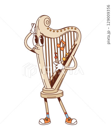 Cartoon groovy harp musical instrument character. Isolated vector plucked, stringed funny personage strumming on itself, playing music and expressing positive emotions with tune notes floating around 129009356