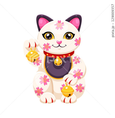 Japanese Maneki Neko lucky cat cartoon character with golden bells, vector fortune symbol. Japanese Maneki Neko cat or kitty kitten waving paw with golden bells on collar and pink flowers ornament Japanese Maneki Neko lucky cat cartoon character with golden bells, vector fortune symbol. Japanese Maneki Neko cat or kitty kitten waving paw with golden bells on collar and pink flowers ornament 129009357