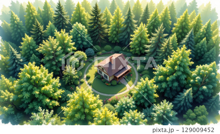 Cozy house surrounded by lush green forest with sunlight filtering through tall trees creating peaceful atmosphere 129009452