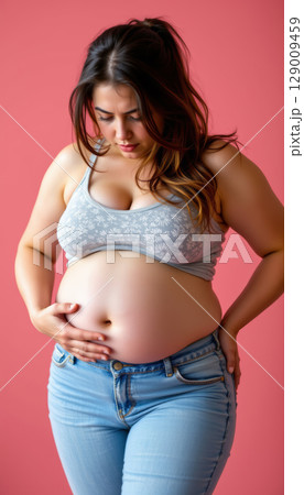 Obese woman in casual clothes looking down at her belly with thoughtful expression on pink background 129009459