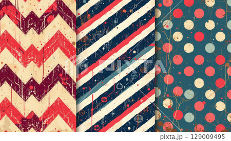 Vintage geometric patterns with distressed textures chevron, diagonal stripes, and polka dots, creating nostalgic and artistic 129009495