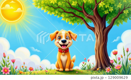 Happy cartoon dog sitting beside large tree on sunny day with colorful flowers and blue sky, cheerful mood Happy cartoon dog sitting beside large tree on sunny day with colorful flowers and blue sky, cheerful mood 129009629
