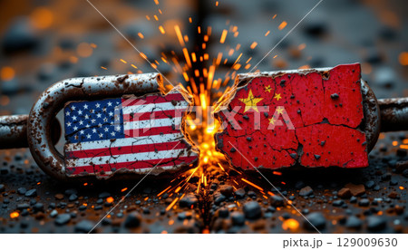 Industrial conflict metaphor with broken metal chain and sparks showing tension between two countries 129009630