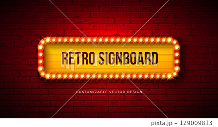 Retro Signboard Lightbox Banner Design with Glowing Light Bulb Frame Billboard on Vintage Brick Wall Background. Vector Customizable Marquee Sign Illustration for Casino Advertising, Theater Show 129009813