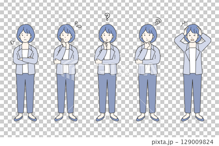 一位憂心忡忡的商務人士全身的簡單圖像。負面插圖素材集。困惑、焦慮、緊張的臉部表情。 129009824