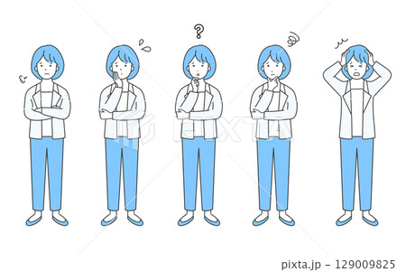 悩むビジネスパーソンの全身シンプルイメージ ネガティブイラスト素材セット　困惑・不安・ストレス表情 129009825