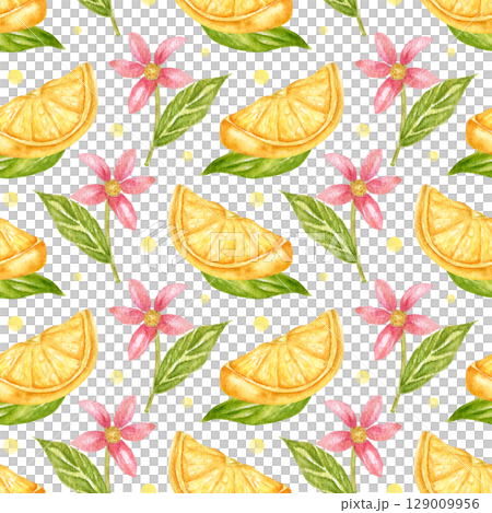 Exotic seamless pattern with blooming lemon fruits. Watercolor background with citrus slices and flowers. Bright print for fabric, kitchen, or wallpaper. Exotic seamless pattern with blooming lemon fruits. Watercolor background with citrus slices and flowers. Bright print for fabric, kitchen, or wallpaper. 129009956