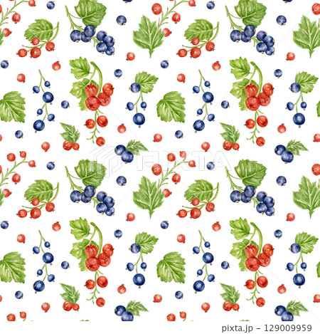 Seamless watercolor pattern with currant berries and leaves. Clusters of red and black currant berries on a branch. Botanical ornament, juicy print for kitchen textiles, wallpaper, fabric, packaging. 129009959
