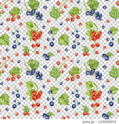 Seamless watercolor pattern with currant berries and leaves. Clusters of red and black currant berries on a branch. Botanical ornament, juicy print for kitchen textiles, wallpaper, fabric, packaging. 129009959