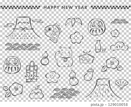 A set of illustrations of Japanese New Year's Day, lucky charms for the new year, etc. Hand-drawn loose line drawings. 129010058