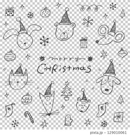 Set of illustrations of cute animals wearing Santa hats and Christmas decorations. Loose doodle style line drawings 129010061