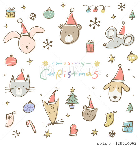 サンタ帽子をかぶったかわいい動物たちとクリスマスのあしらいイラストセット。ゆるい落書きスタイルの線画 129010062