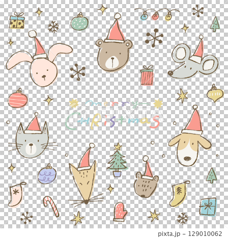 サンタ帽子をかぶったかわいい動物たちとクリスマスのあしらいイラストセット。ゆるい落書きスタイルの線画 129010062