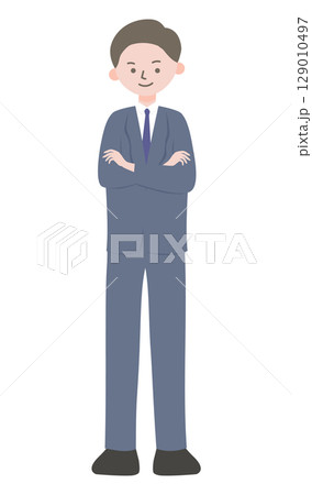 腕を組んで立つビジネスマン – ネイビースーツの全身イラスト② 129010497