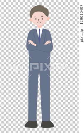 腕を組んで立つビジネスマン – ネイビースーツの全身イラスト② 129010497